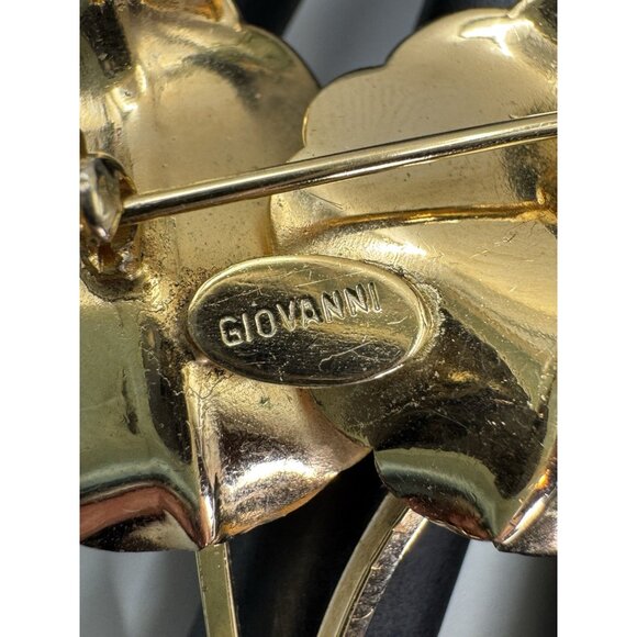 vintage GIOVANNI Scalloped Double Leaf PIN BROOCH Golden Signed - Picture 3 of 5